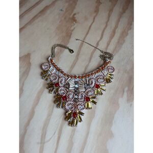 Boho Statement Bib Necklace Beaded Crystal Lace Amber Red Gold Tone 18 Inch